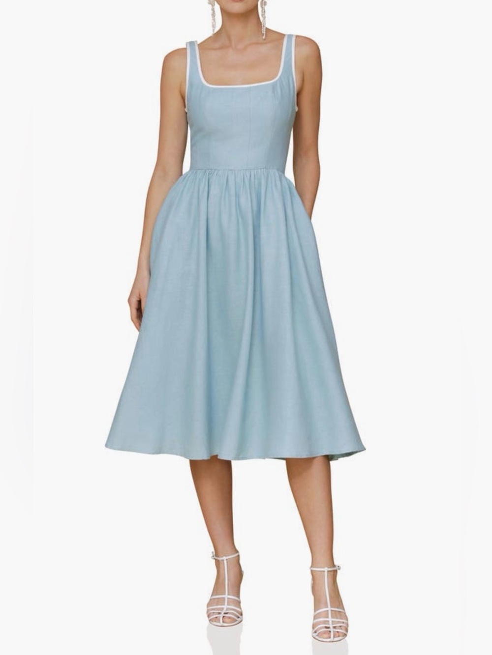 Avec Les Filles Light Blue Sleeveless Maxi Dress with White Trim Size 2